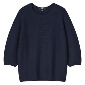 Uniqlo Women's 3D Knit Cotton Sweater Navy Blue 3/4 Sleeve Pullover Size M